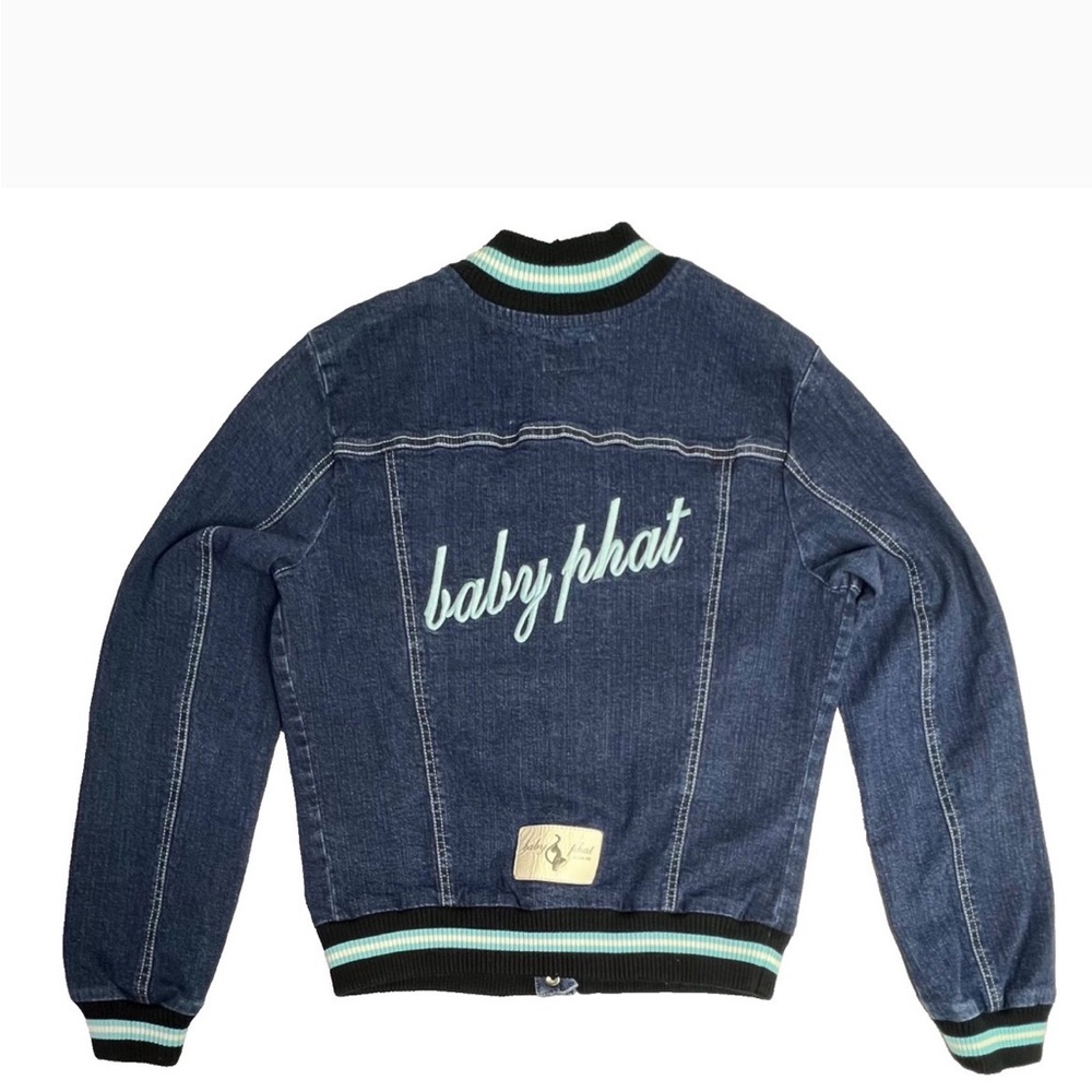 Vtg Baby Phat Y2K Denim Bomber Varsity Jean Jacket Size L Streetwear Retro Style - Picture 2 of 15